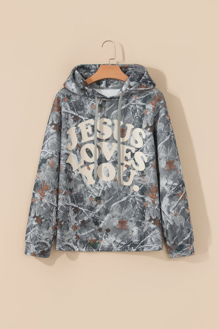 Beige Woodland Camouflage Print JESUS LOVES YOU Tunic Hoodie