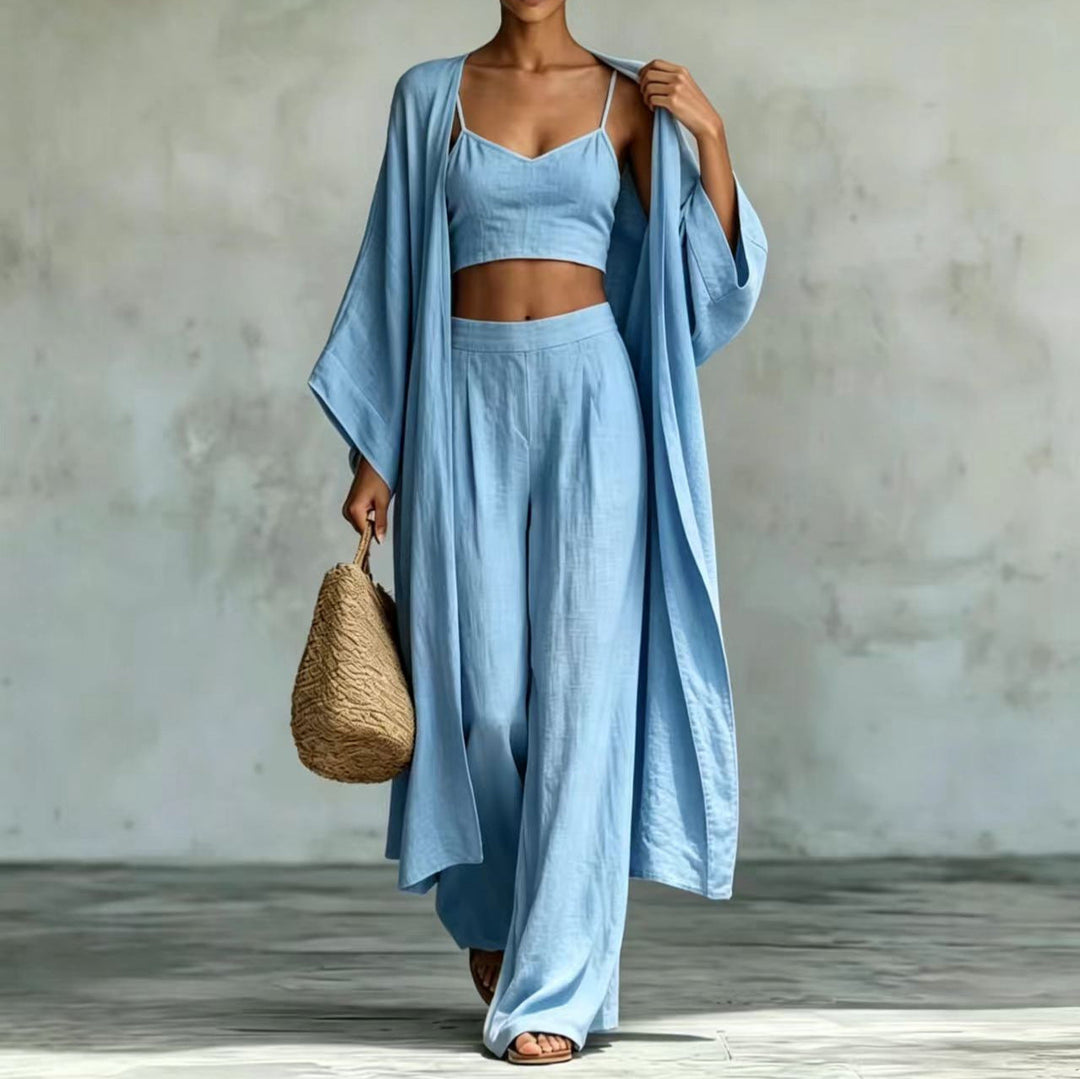 Loose Cardigan &amp; Strap Top High Waist Wide Leg Pants Set – 3-Piece