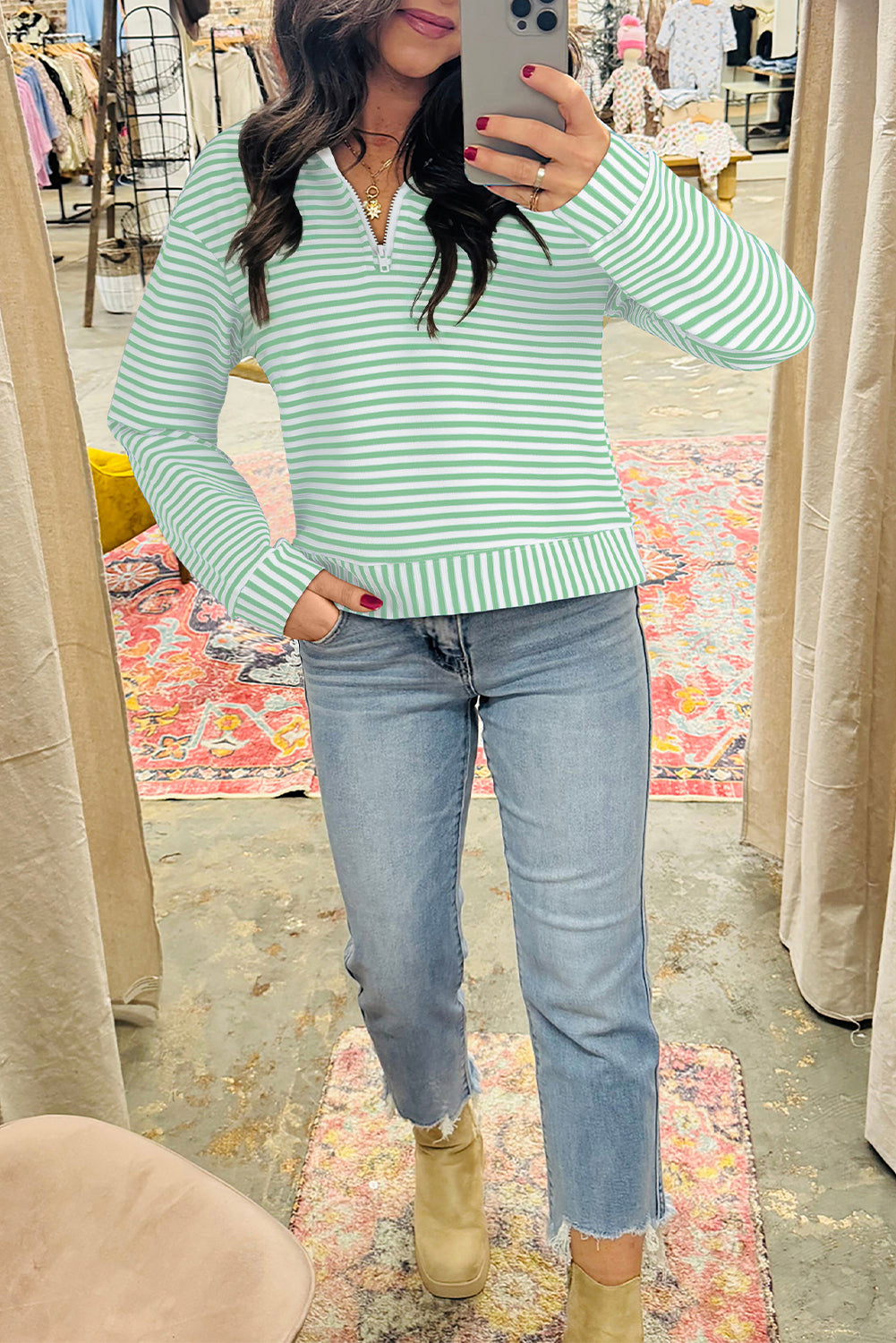 Blue Stripe Quarter Zip Collar Pullover Long Sleeve Top