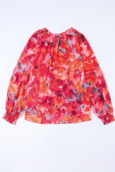 Fiery Red Floral Print Split Neck Tassel Tie Blouse