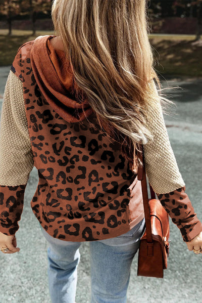 Brown Textured Knit Patchwork Leopard Hoodie