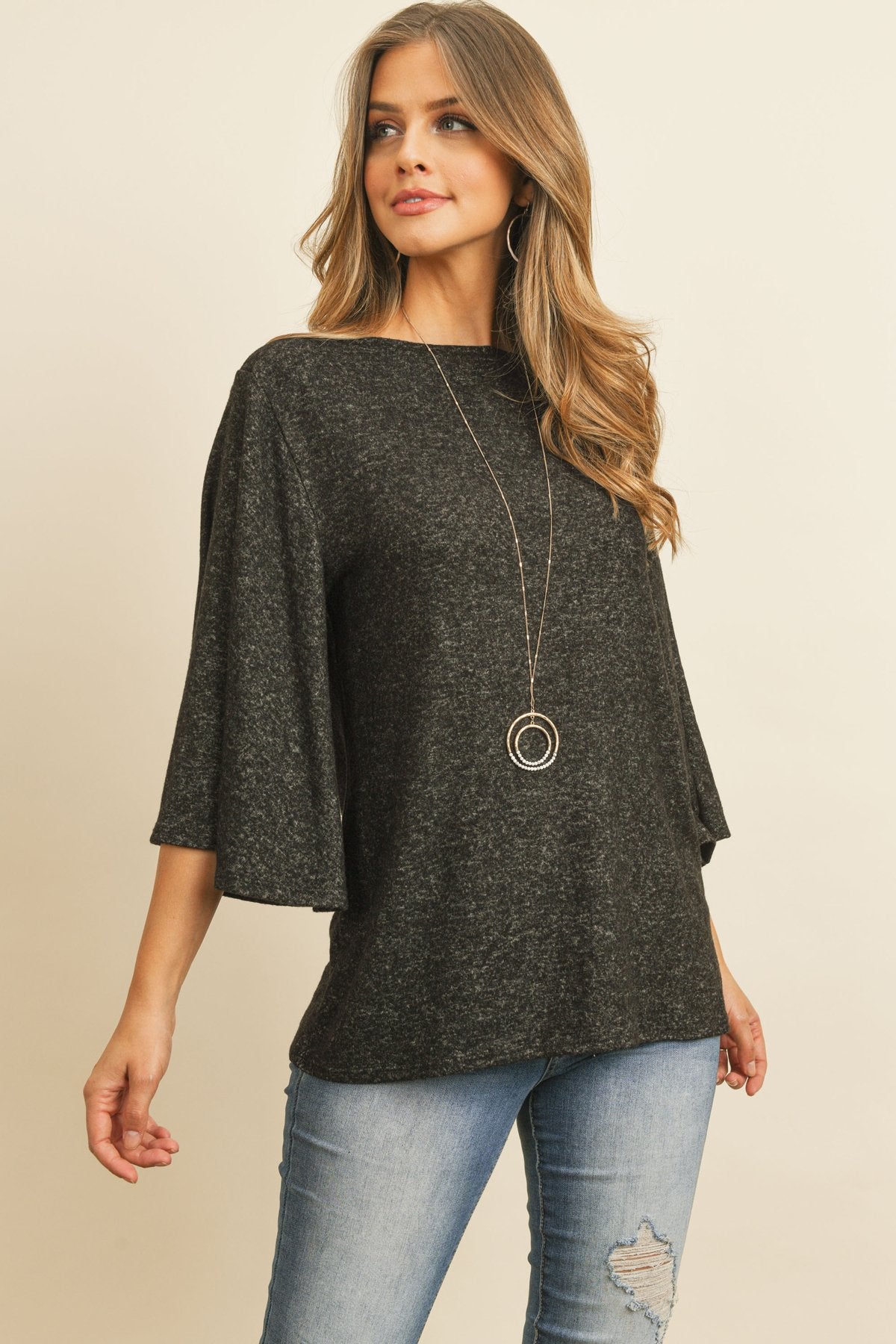 Boat Neck Bell Sleeve Solid Hacci Brushed Top