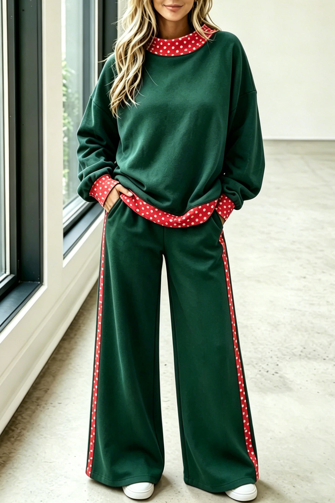 Blackish Green Polka Dot Trim Colorblock Loose Two Piece Pants Set
