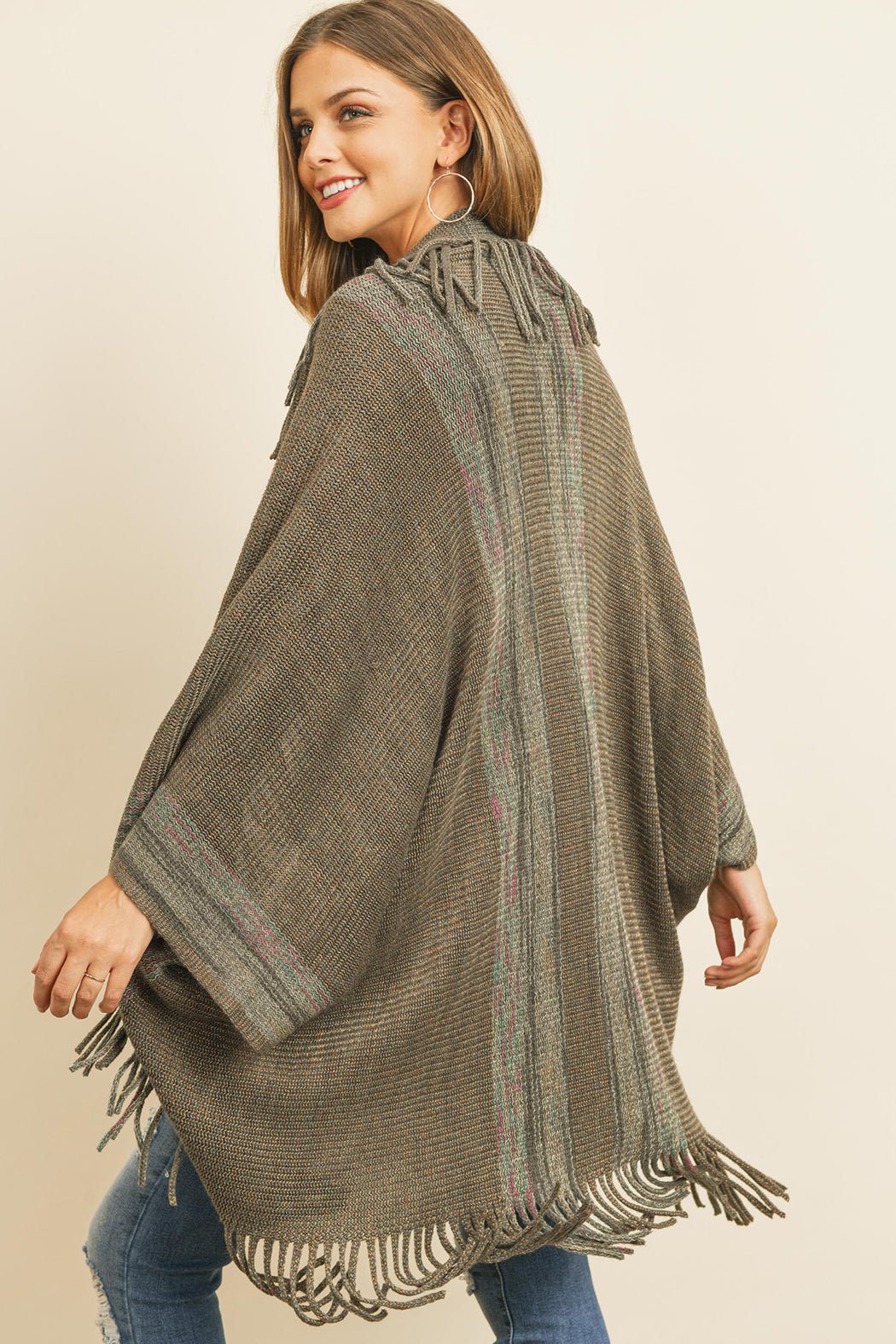 Fringe Stripe Open Front Kimono