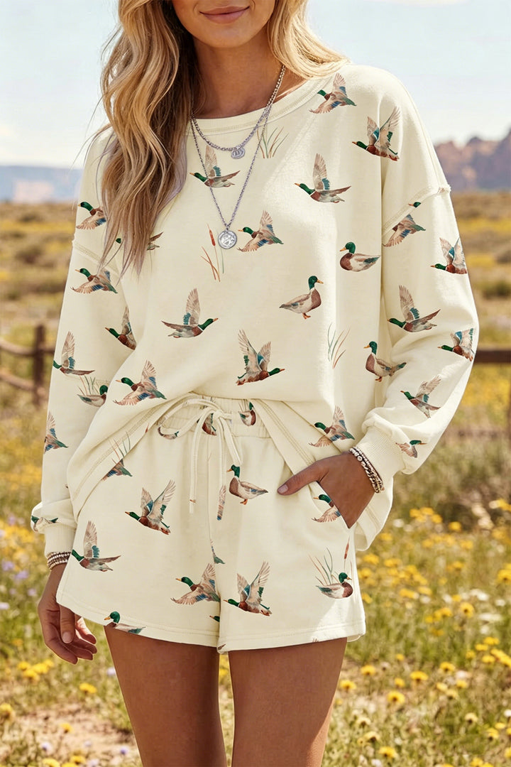 Beige Free Mallard Print Long Sleeve Top Drawstring Short Set