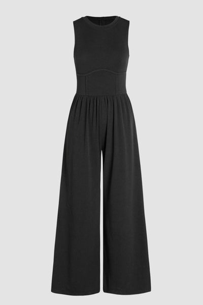 Black Cinched Waist Sleeveless Wide Leg Jumpsuit