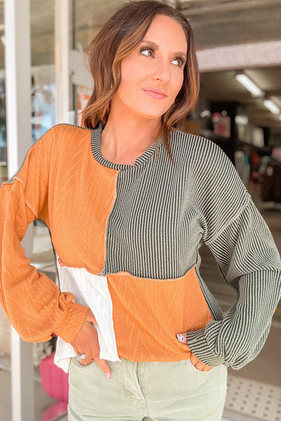 Grapefruit Orange Mixed Texture Color Block Long Sleeve Top