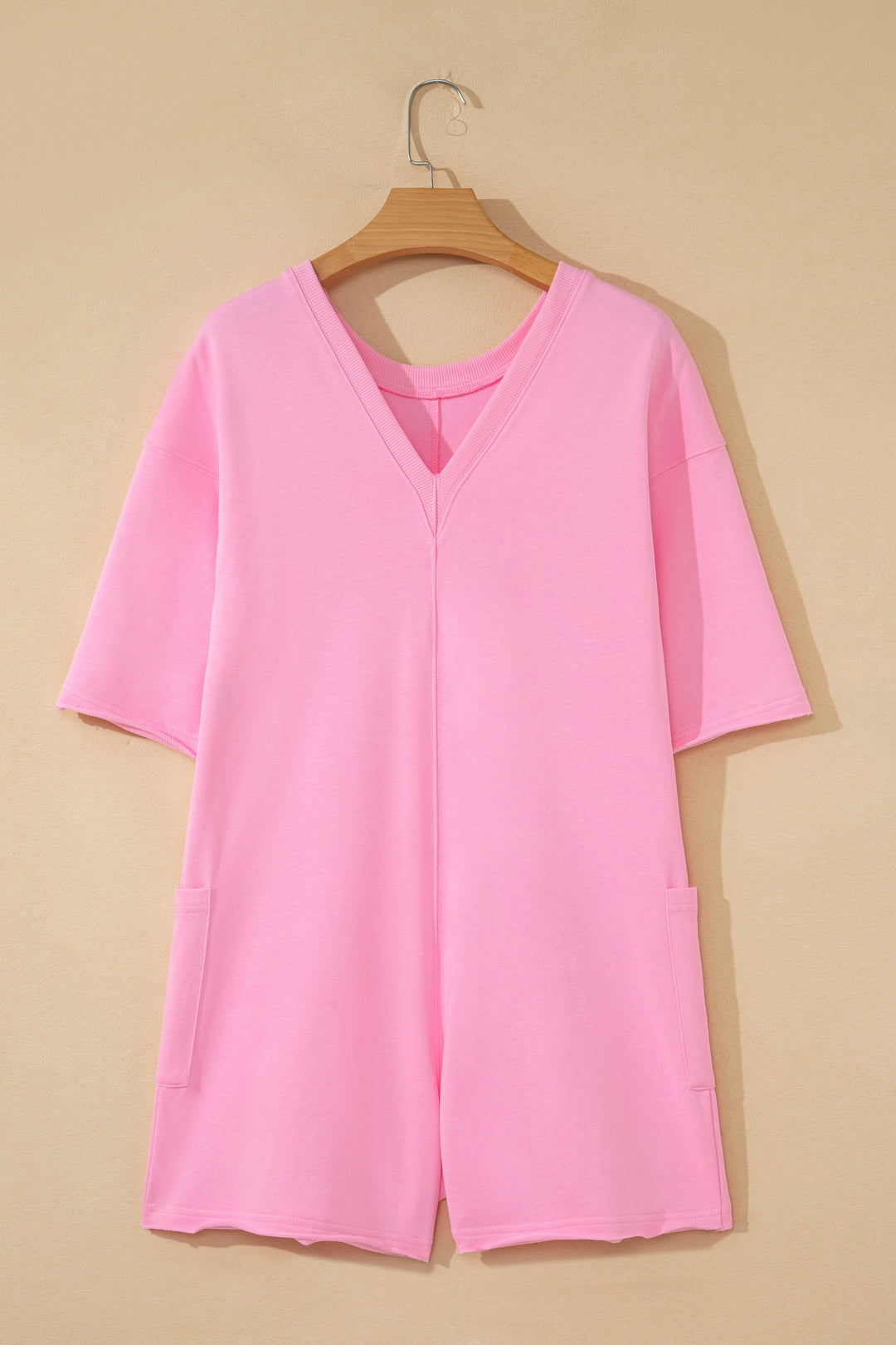 Pink Solid Color Raw Edge Half Sleeve Pocketed Loose Romper