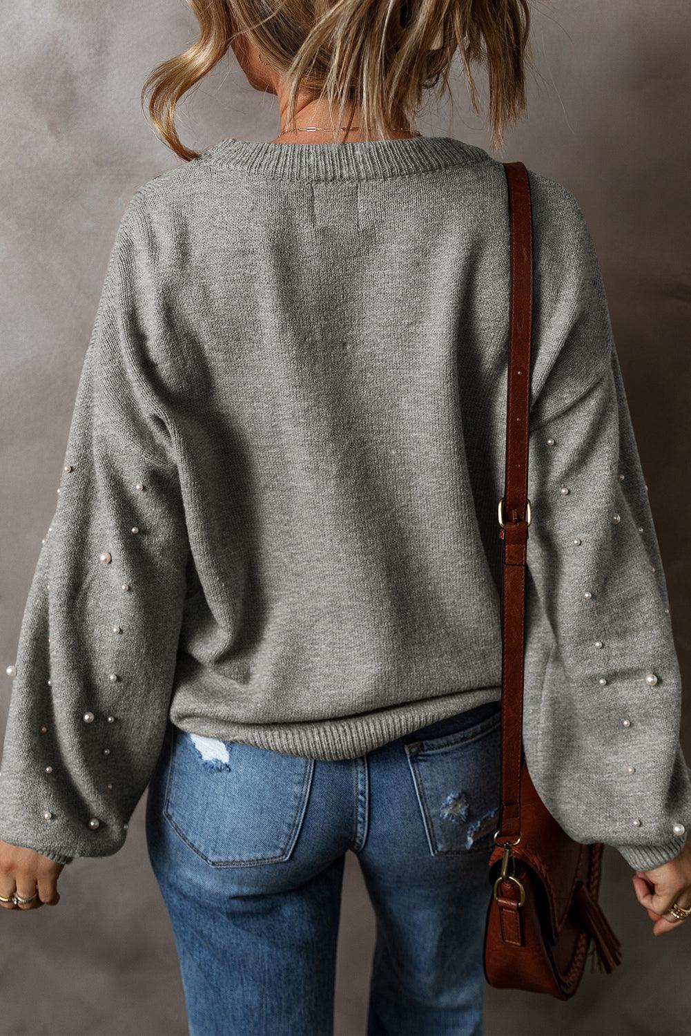 Light Grey Pearled Drop Shoulder Round Neck Sweater