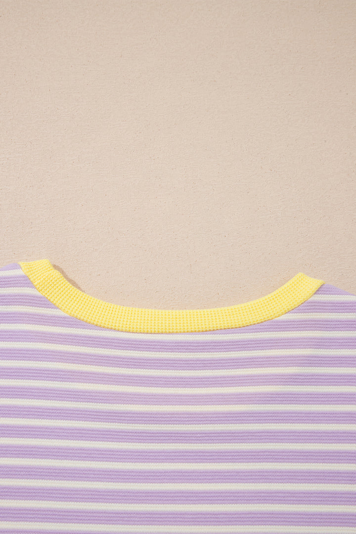 Purple Stripe Striped Colorblock Paneling Collar Cuff Hem Texture T-Shirt