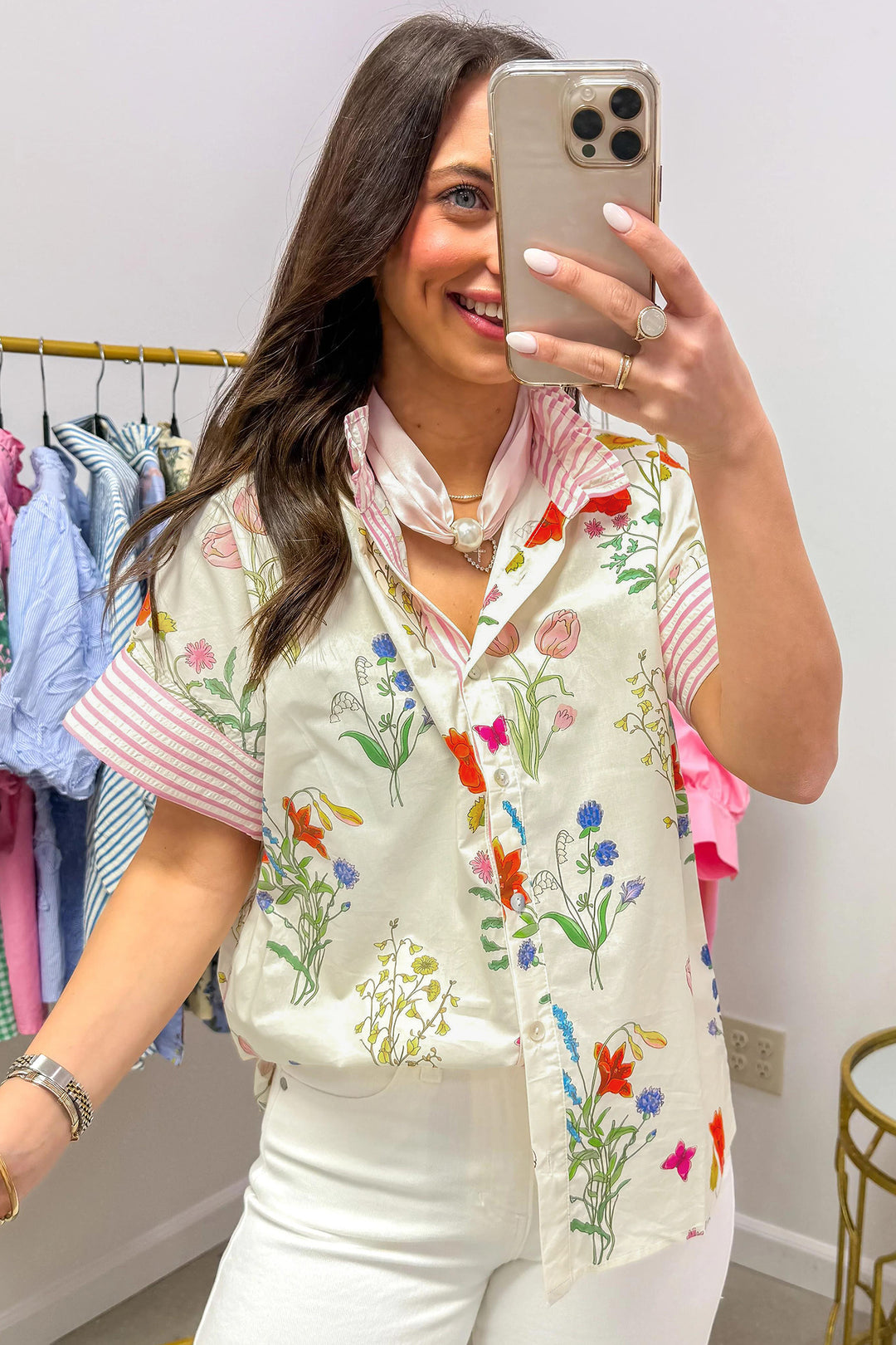 Beige Floral Striped Patchwork Ruffled Collar Short Sleeve Shirt