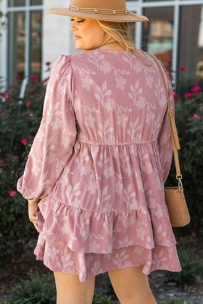 Peach Blossom Floral Surplice V Neck Tiered Ruffled Plus Size Dress