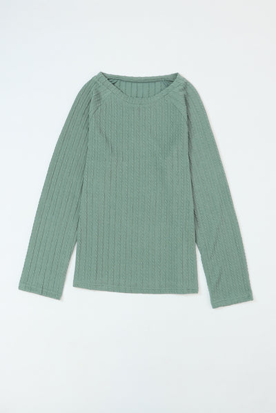 Green Ribbed Round Neck Knit Long Sleeve Top