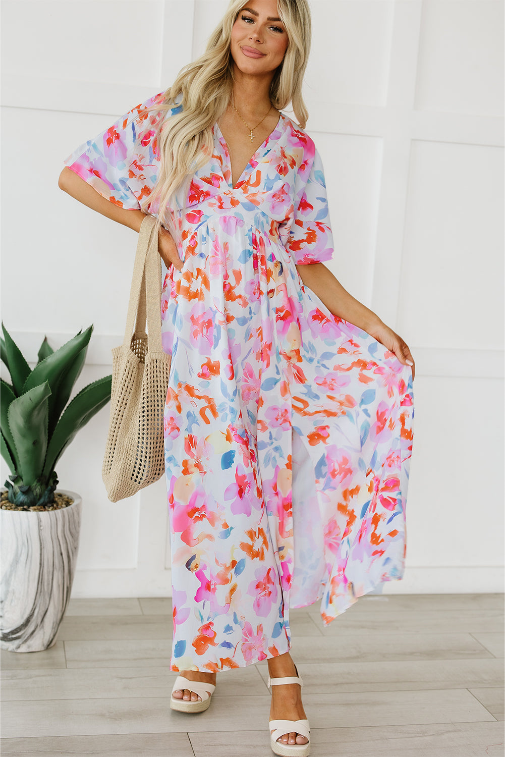 Multicolor Tropical Floral Print Ruched V Neck Maxi Dress