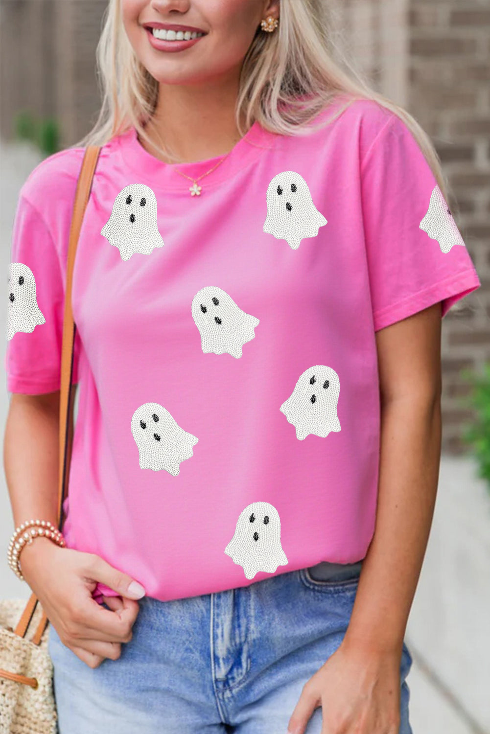 Black Sequin Halloween Ghost Patched Casual T Shirt