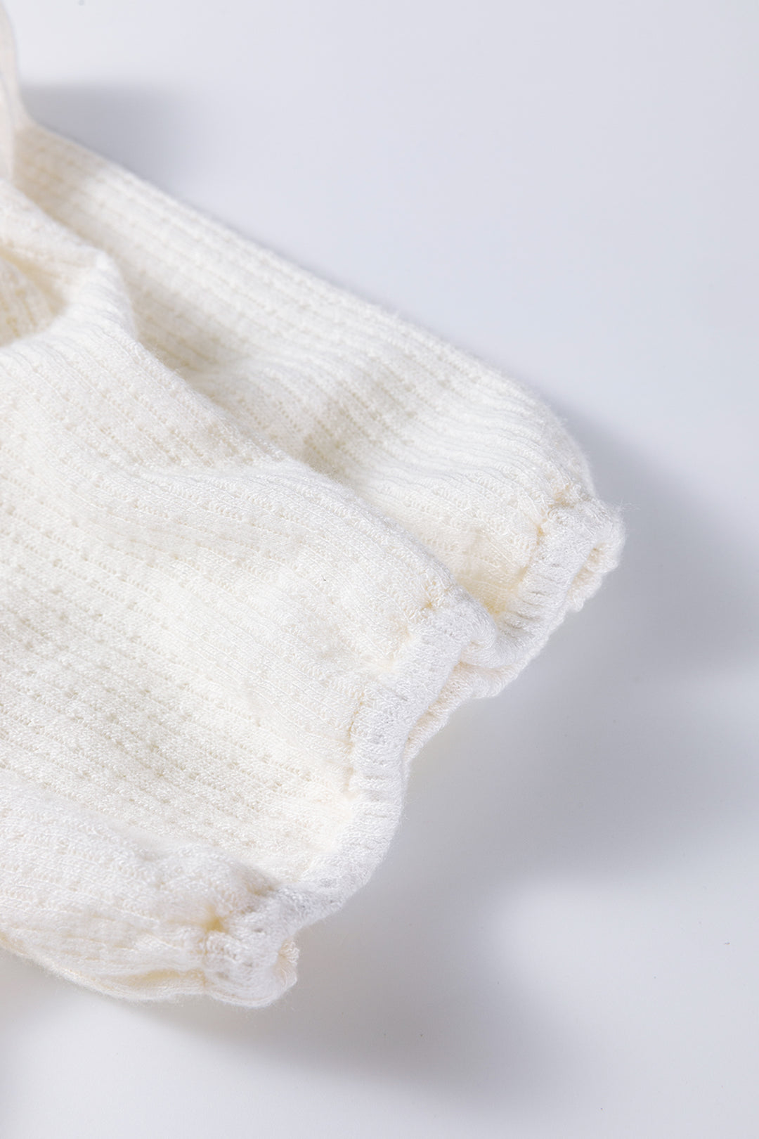 White Textured Knit V Neck Short Bubble Sleeve Peplum Top