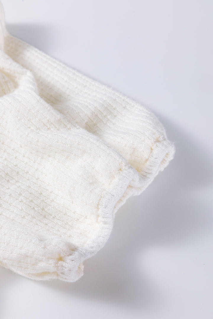 White Textured Knit V Neck Short Bubble Sleeve Peplum Top