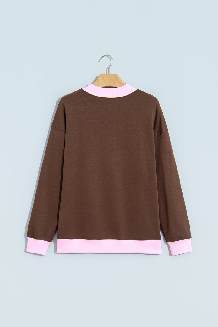 Pink Colorblock Trim Crewneck Long Sleeve Pullover Sweatshirt