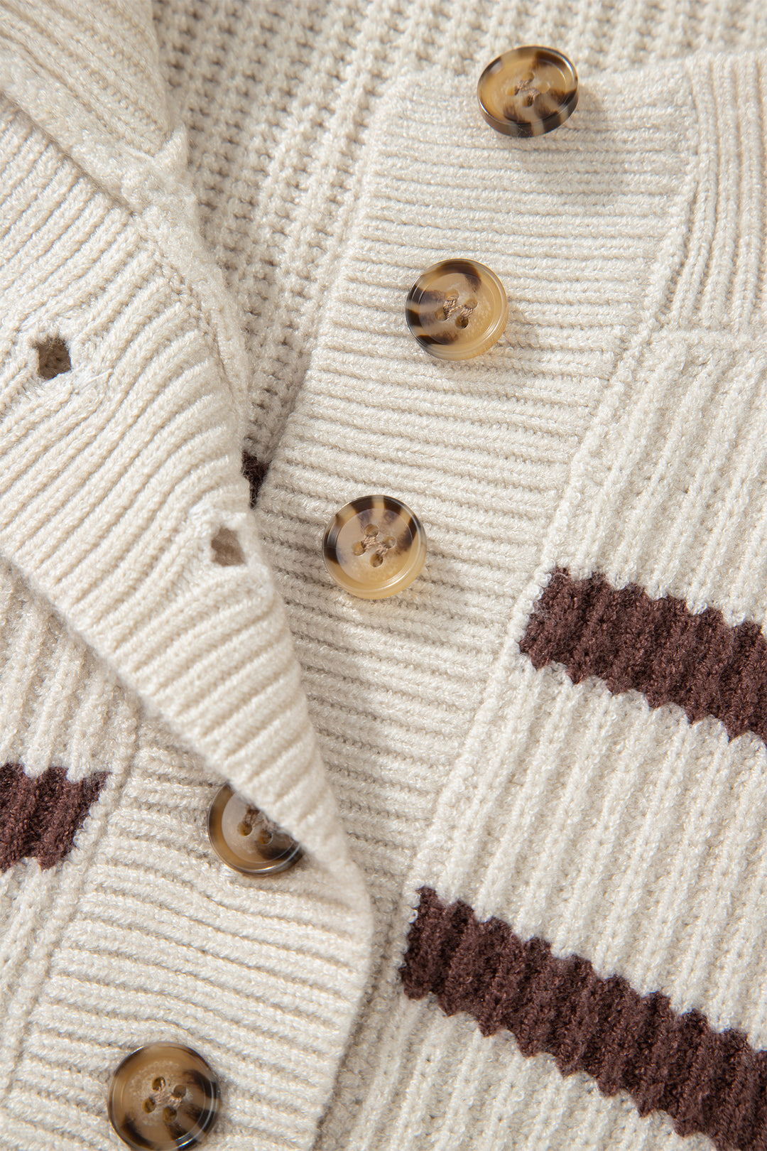 Brown Stripe Ribbed Henley Drop Shoulder Slouchy Sweater