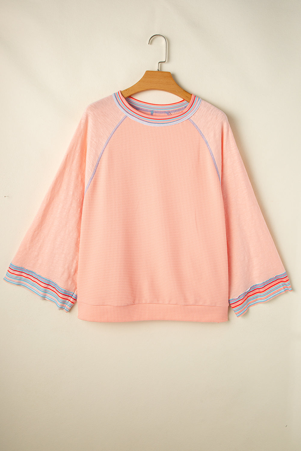 Grapefruit Orange Waffle Knit Wide Bracelet Sleeve Patchwork Raglan Top