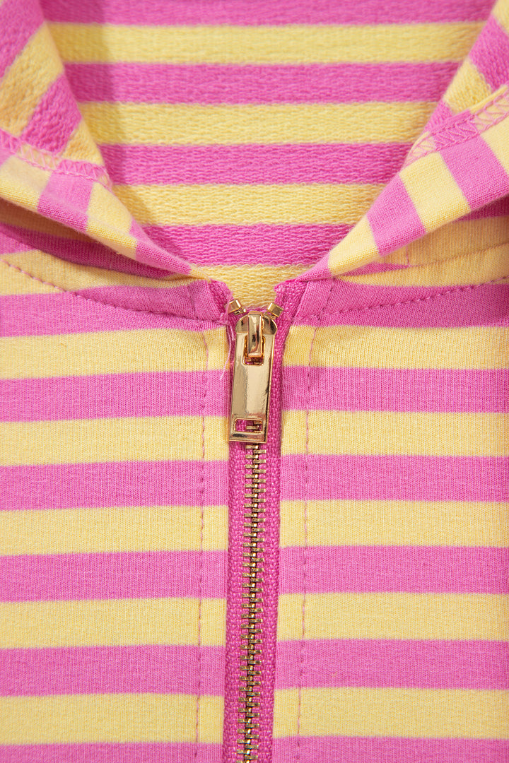 Rose Red Striped Long Sleeve Zip-Up Hoodie Drawstring Elastic Waist 2pcs Short Set