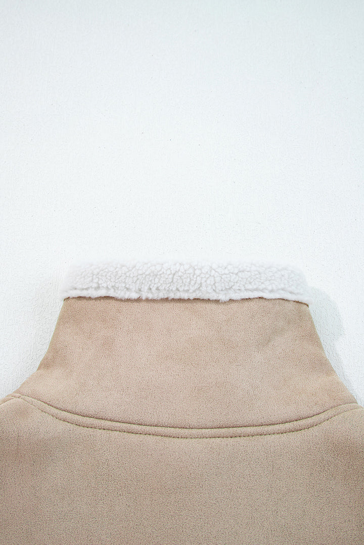 Dark Khaki Sherpa Lined Faux Suede Lapel Collar Vest
