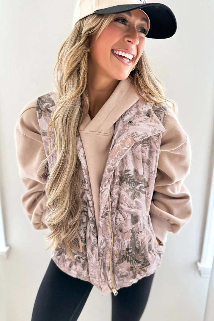 Brown Camo Leaf Print Winter Puffer Vest