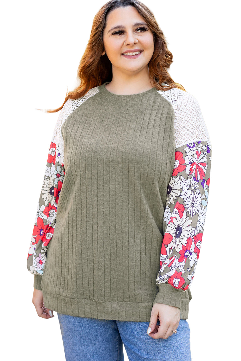 Vineyard Green Plus Size Textured Floral Patchwork Raglan Sleeve Blouse