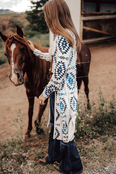 Sky Blue Western Aztec Printed Open Front Long Cardigan