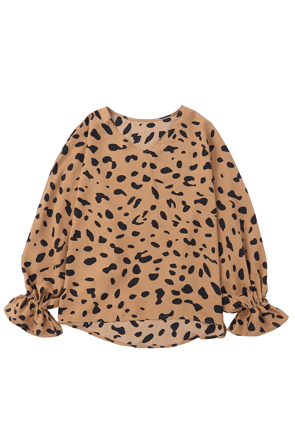 Leopard V Neck Ruffled Cuffs Loose Blouse