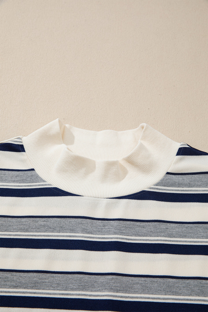 Blue Stripe Striped Ribbed Stand Neck Long Sleeve Shift Silhouette Sweatshirt