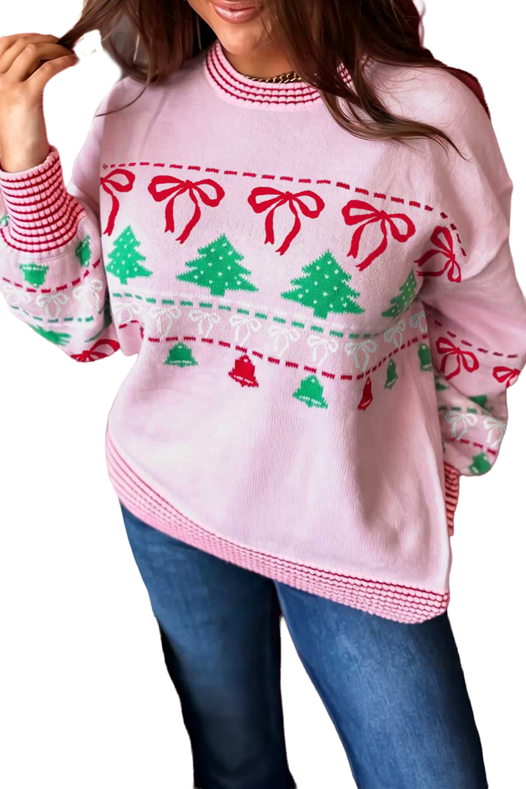 Pink Festive Holiday Print Round Neck Loose Tunic Sweater