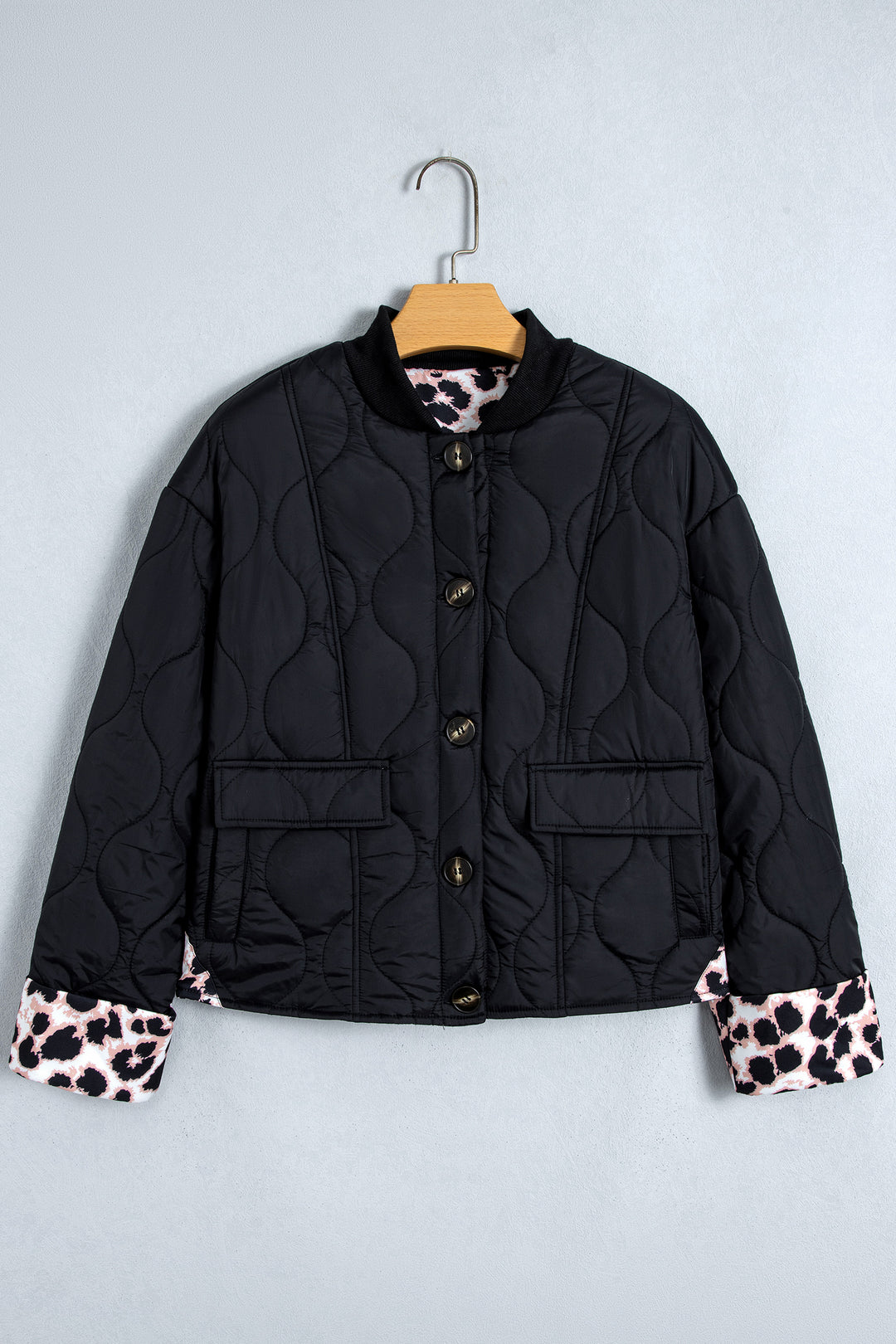 Black Retro Quilted Leopard Cuff Button Down Puffer Jacket