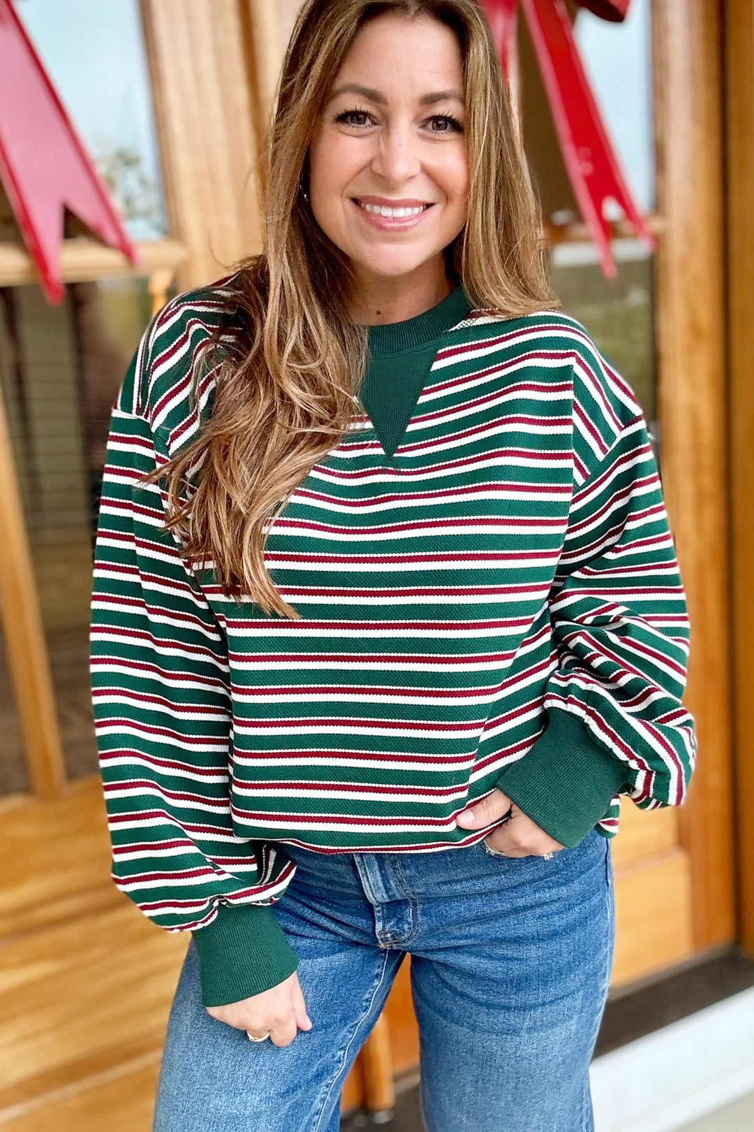 Green Stripe Striped Colorblock Round Neck Long Sleeve Shift Plus Size Sweatshirt