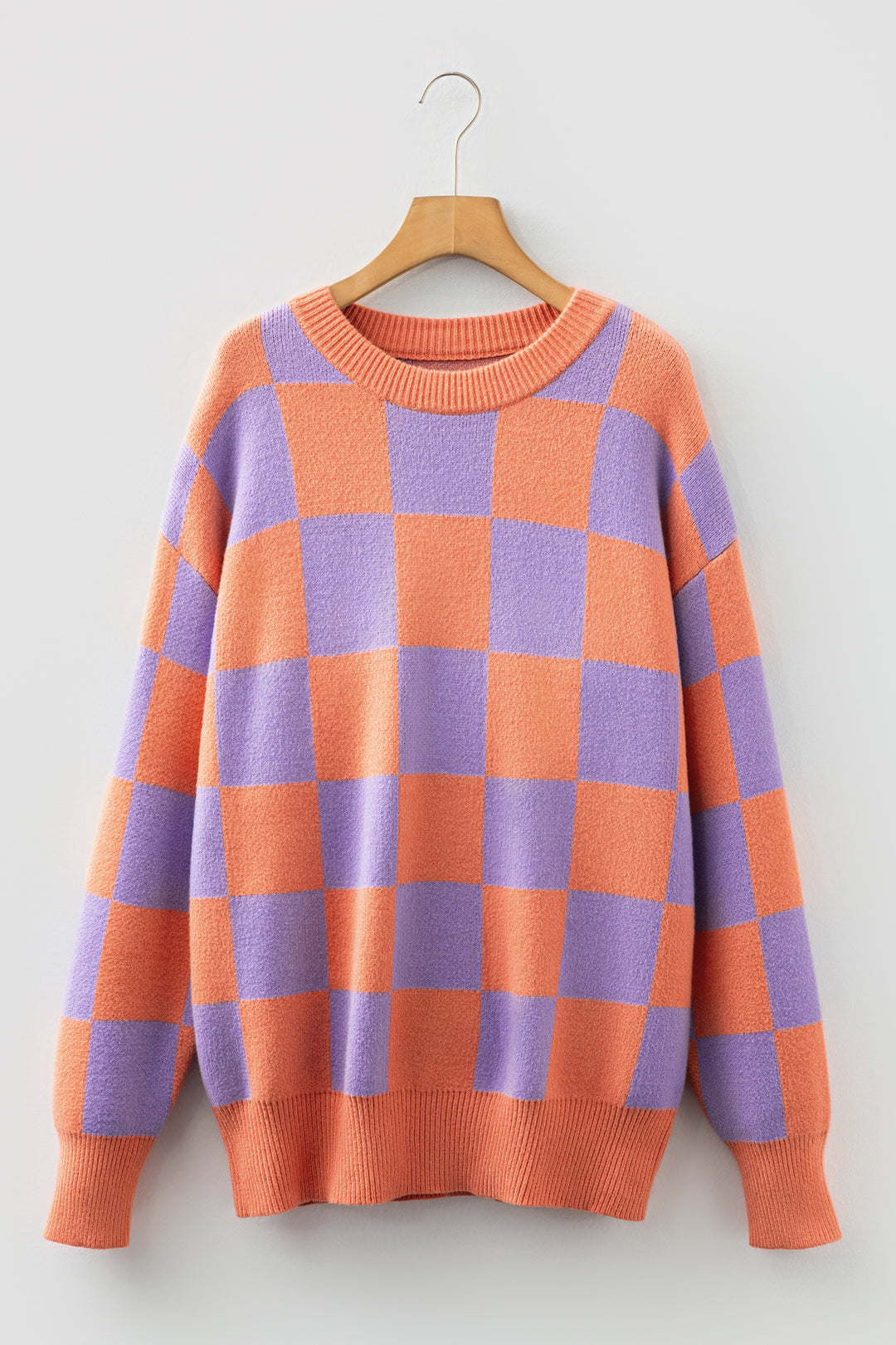 Grapefruit Orange Checkered Pattern Ribbed Trim Knit Baggy Sweater