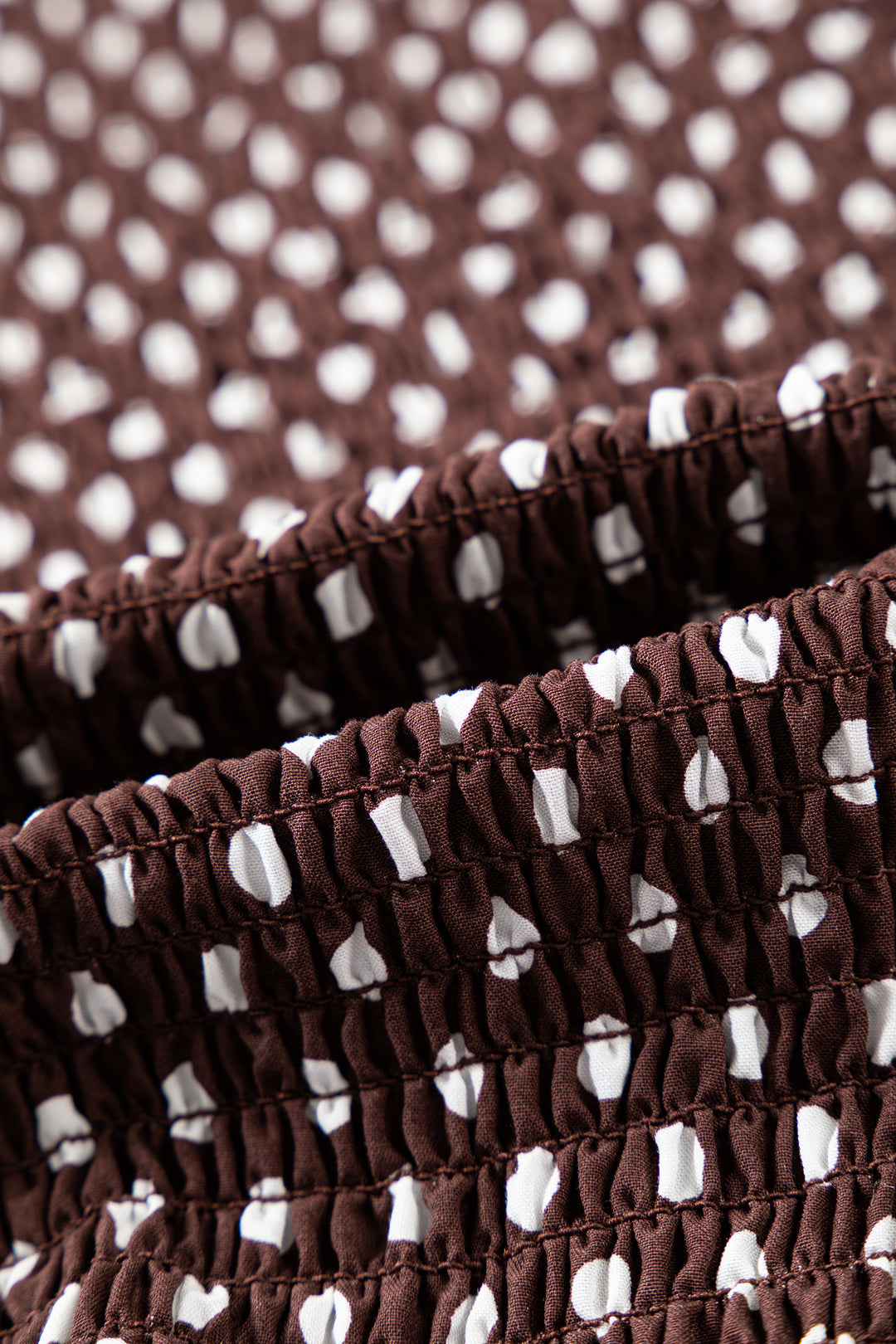 Brown Polka Dot Ruffled High Neck Shirred Ruffle Hem Blouse