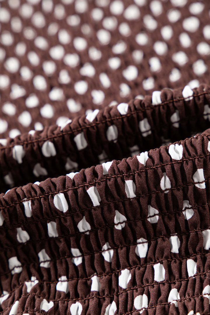 Brown Polka Dot Ruffled High Neck Shirred Ruffle Hem Blouse