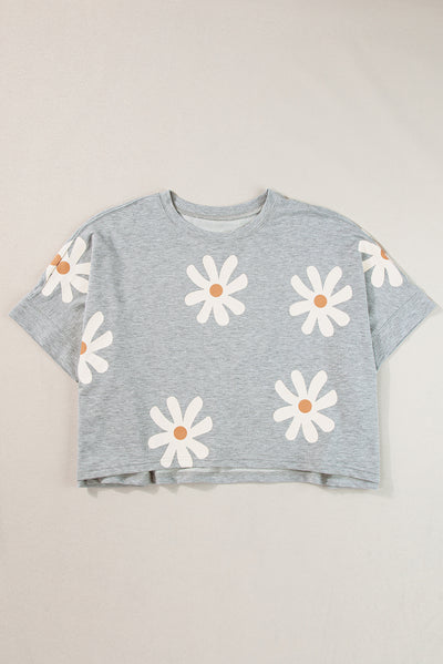 Gray Daisy Flower Printed Casual T Shirt