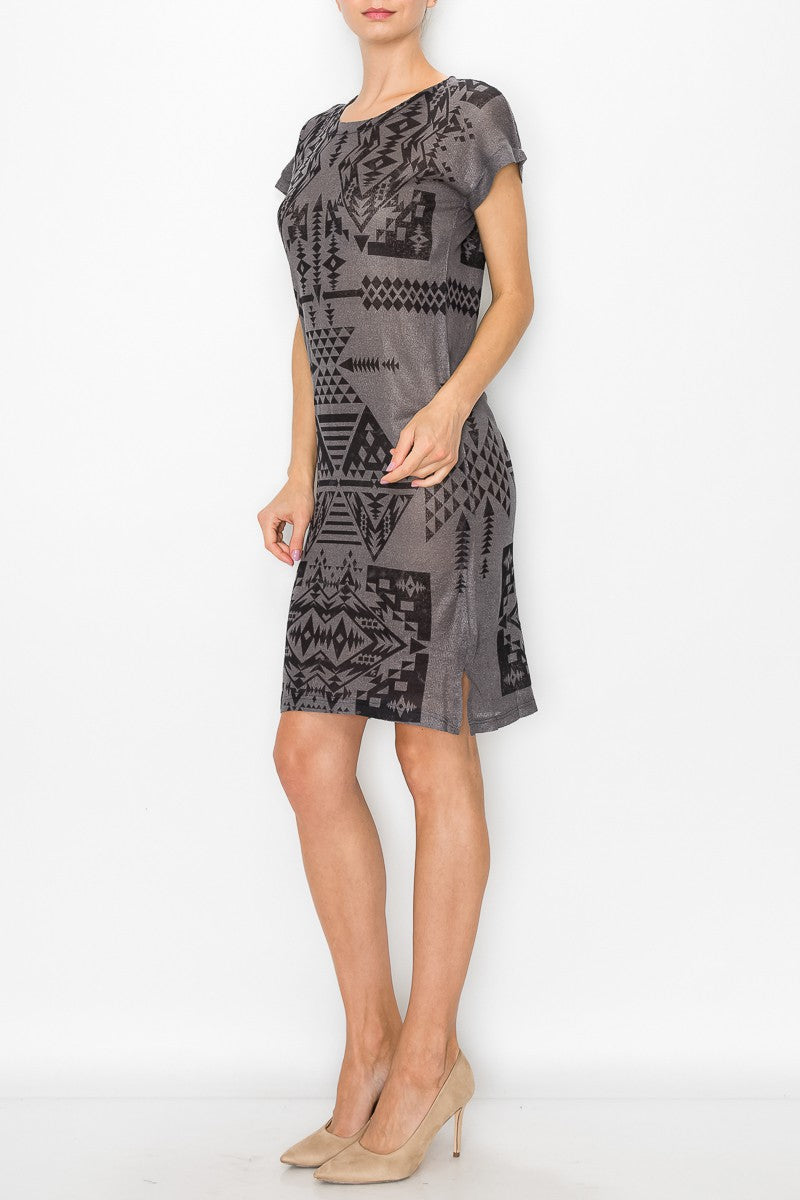 Short Sleeve Aztec Print Dress - Grey