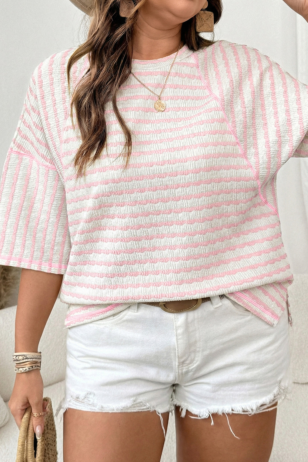 Apricot Stripe Plus Size Textured Patchwork Detail Half Sleeve Top