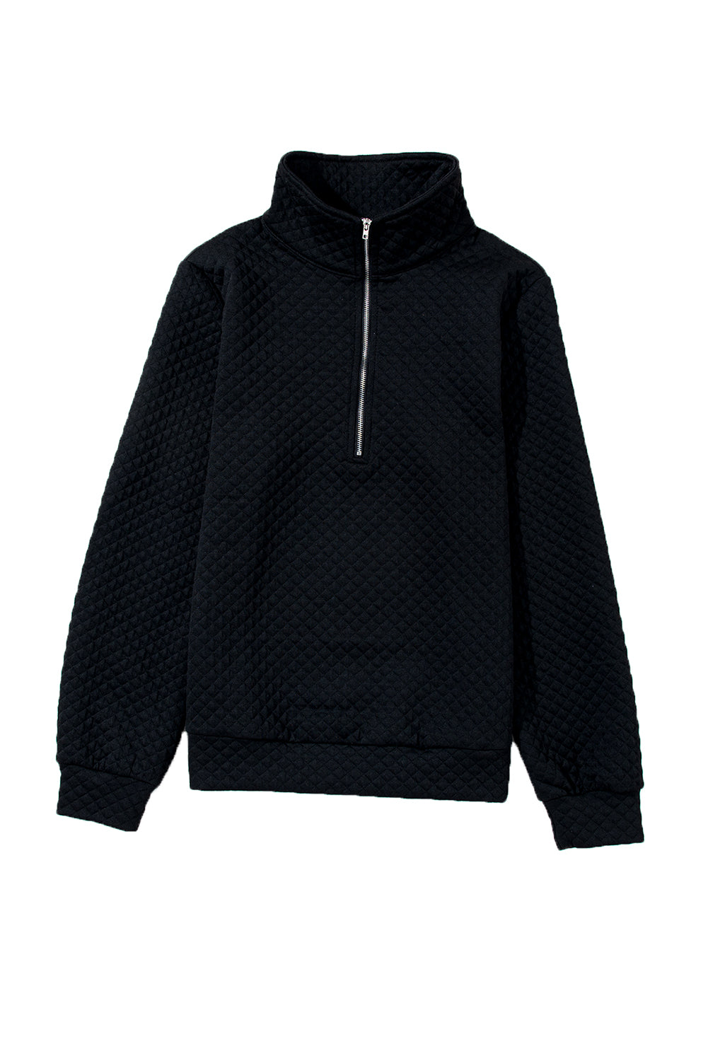 Black Solid Half Zipper Quilted Pullover Sweatshirt