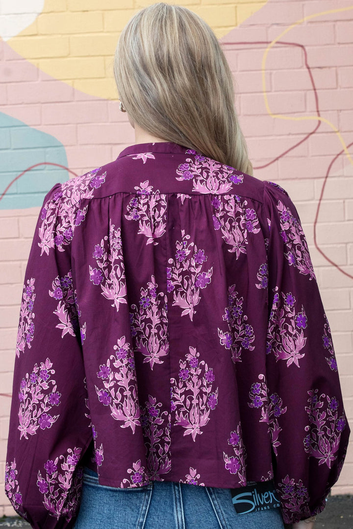 Purple Floral Print Button-Up Long Puff Sleeve Loose Shirt