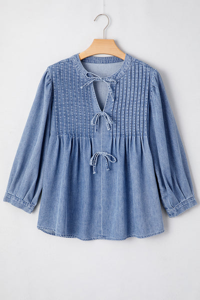 Myosotis Denim Front Pintuck Bow Tie Puff Sleeve Top