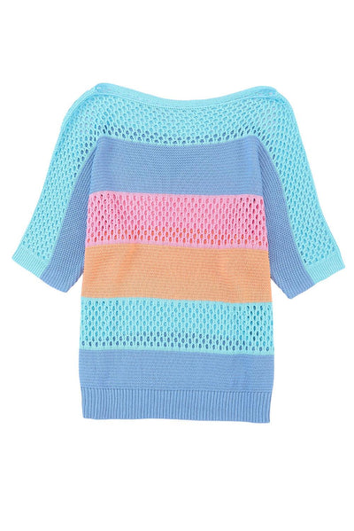 Sky Blue Knitted Eyelet Colorblock Striped Half Sleeves Top