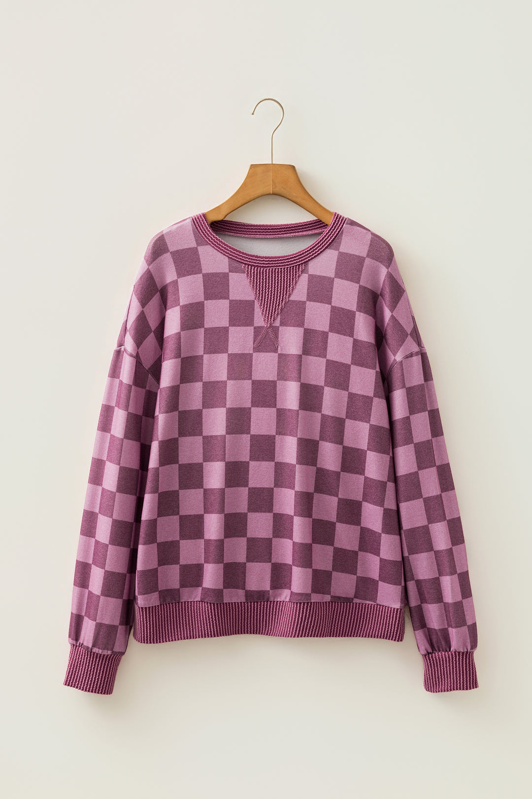 Red Ribbed Trim Checkered Print Long Sleeve Pullover Top