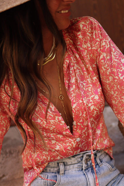 Pink Bubble Sleeve Floral Shirt with Lace up