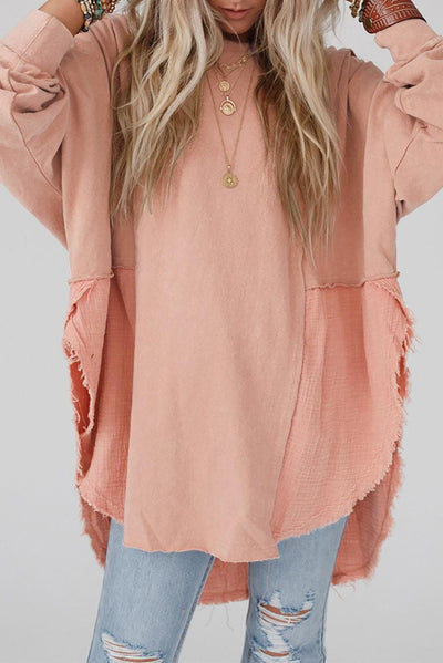 Crinkle Splicing Raw Hem High Low Oversized Blouse