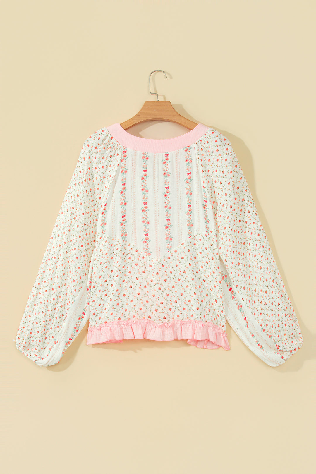 Beige Floral Print Color Block Trim Lace-up V Neck Long Sleeve Blouse