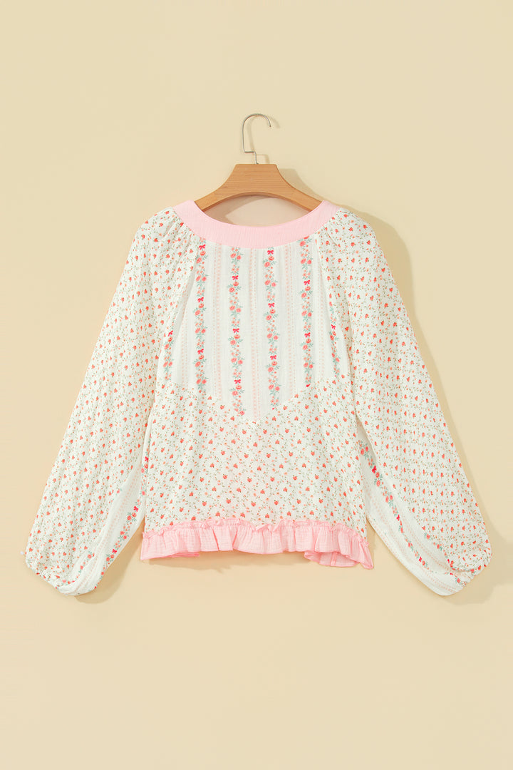 Beige Floral Print Color Block Trim Lace-up V Neck Long Sleeve Blouse