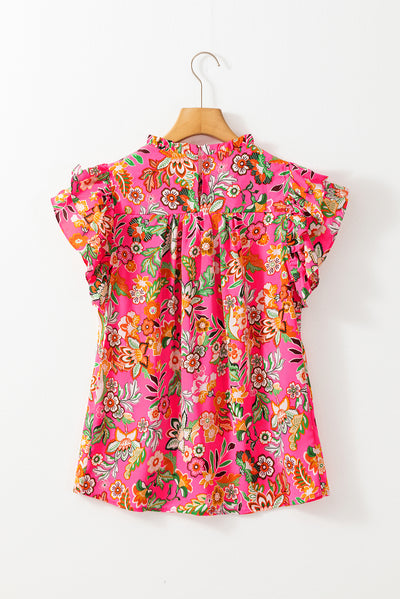 Rose Floral Print Pleated Ruffled Sleeve Summer Blouse